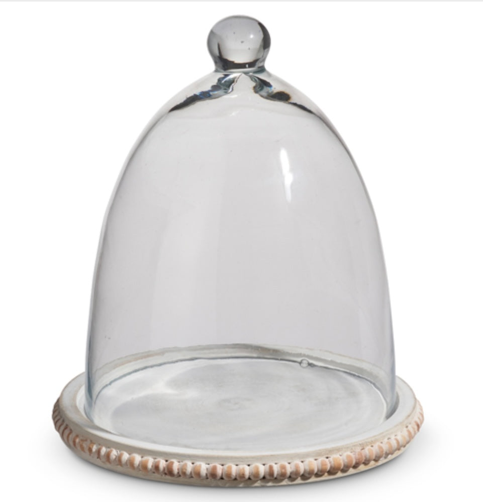 Beaded Tray with Glass Cloche – 10.25" Food-Safe Whitewashed Wood & Glass Display Dome