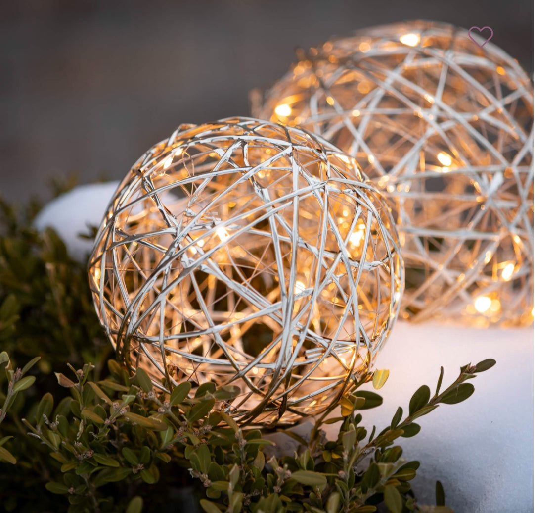 Lighted Hanging Ball Ornaments – Set of 2 | Silver or Gold Metal Globes with LED Lights