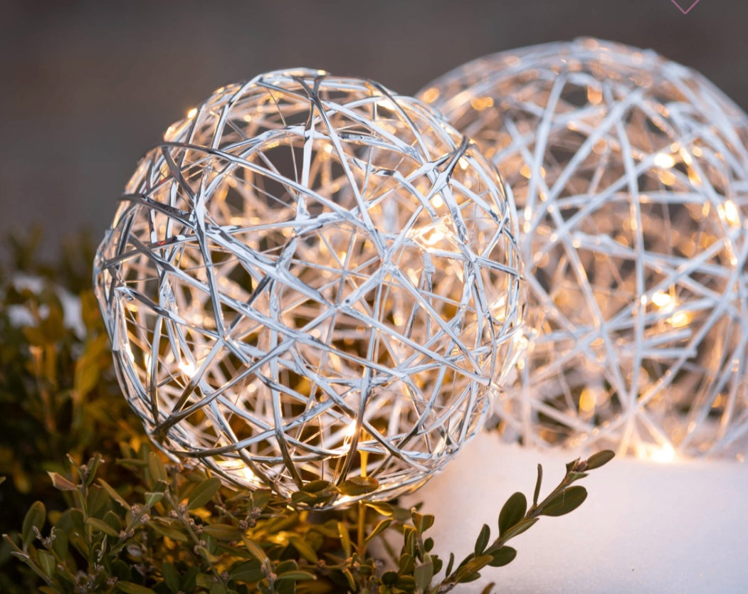 Lighted Hanging Ball Ornaments – Set of 2 | Silver or Gold Metal Globes with LED Lights