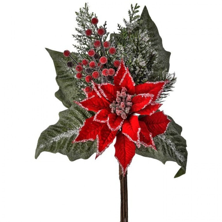 Red Velvet Poinsettia Pick with Frosted Berries & Pine – 20″ Holiday Floral Stem by Regency