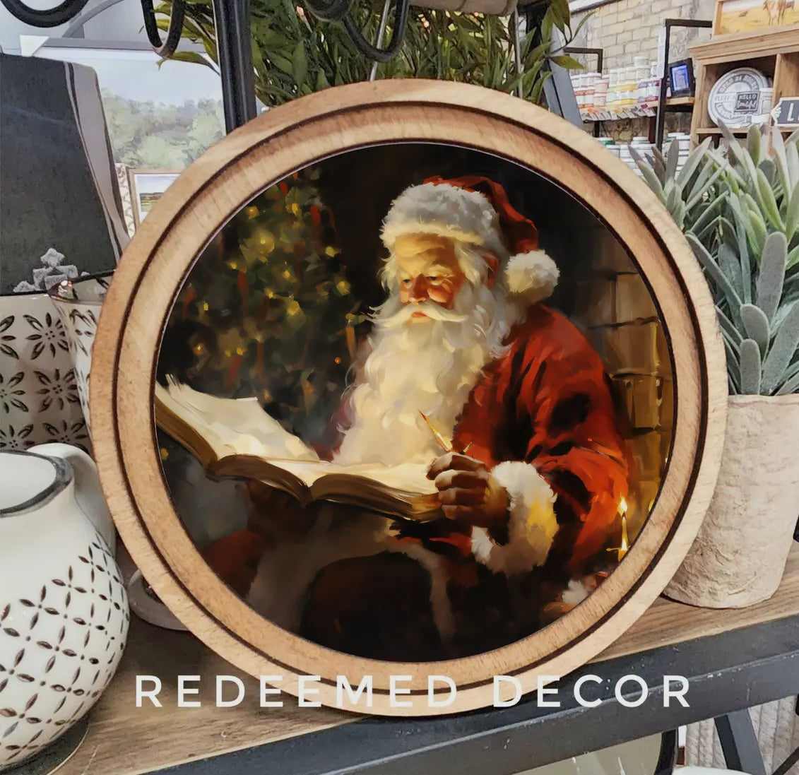 Santa’s List: A Warm Glow of Christmas Reflection Round Framed Art