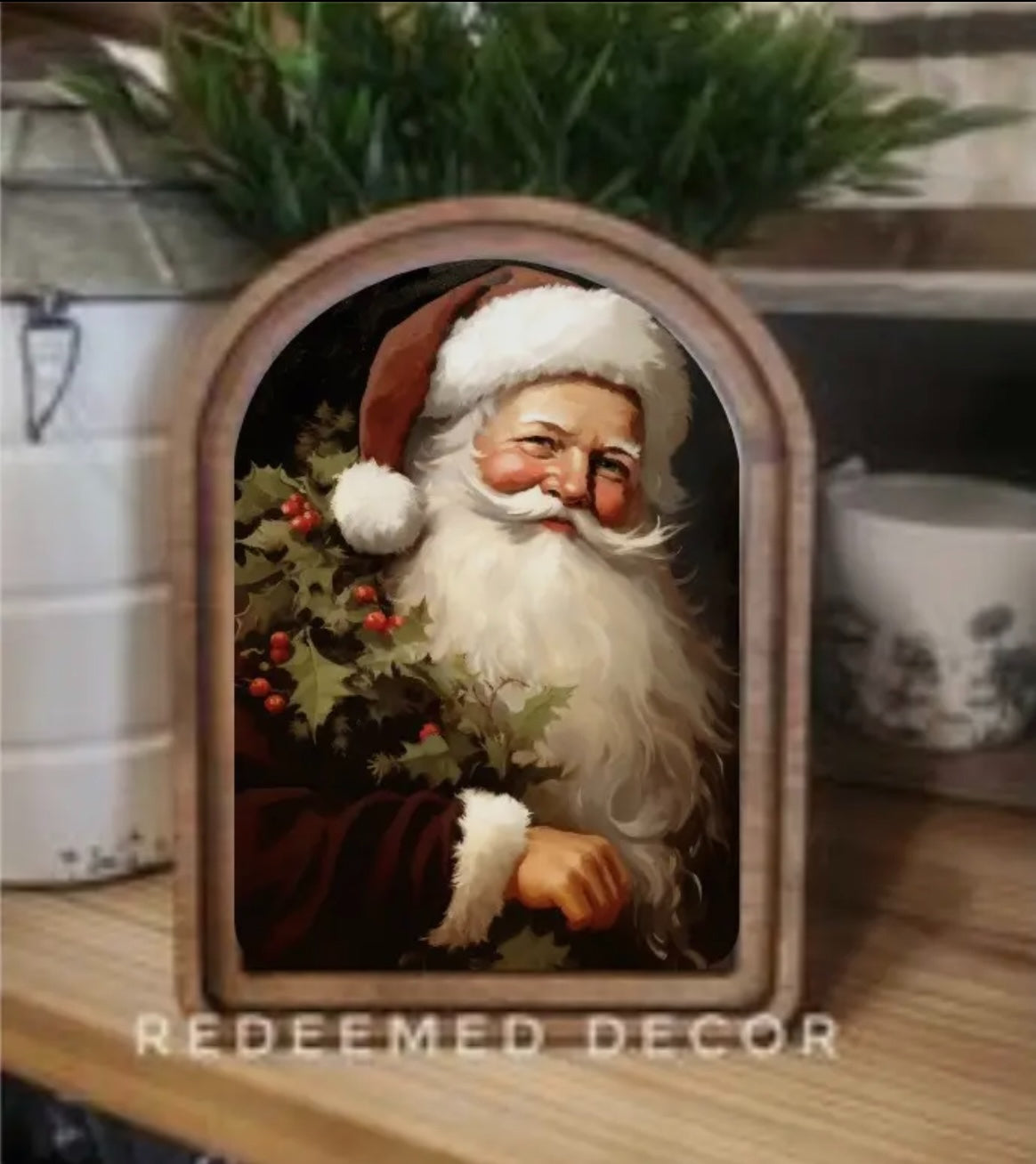 Santa’s Gaze: A Timeless Holiday Portrait in Velvet Arch Top Framed Art