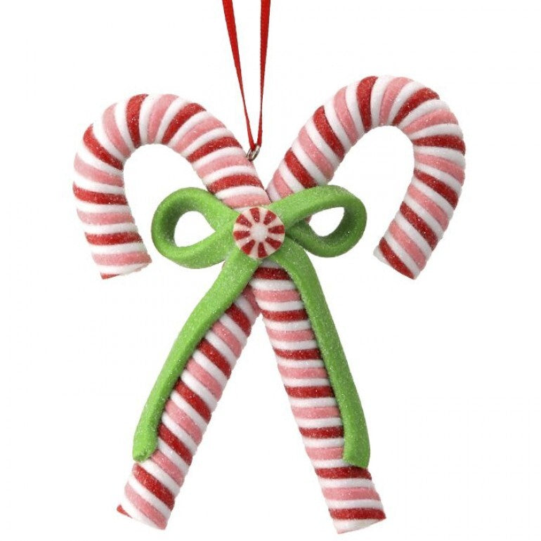 Double Candy Cane Ornament – 7″ Glittered Red & White with Green Bow