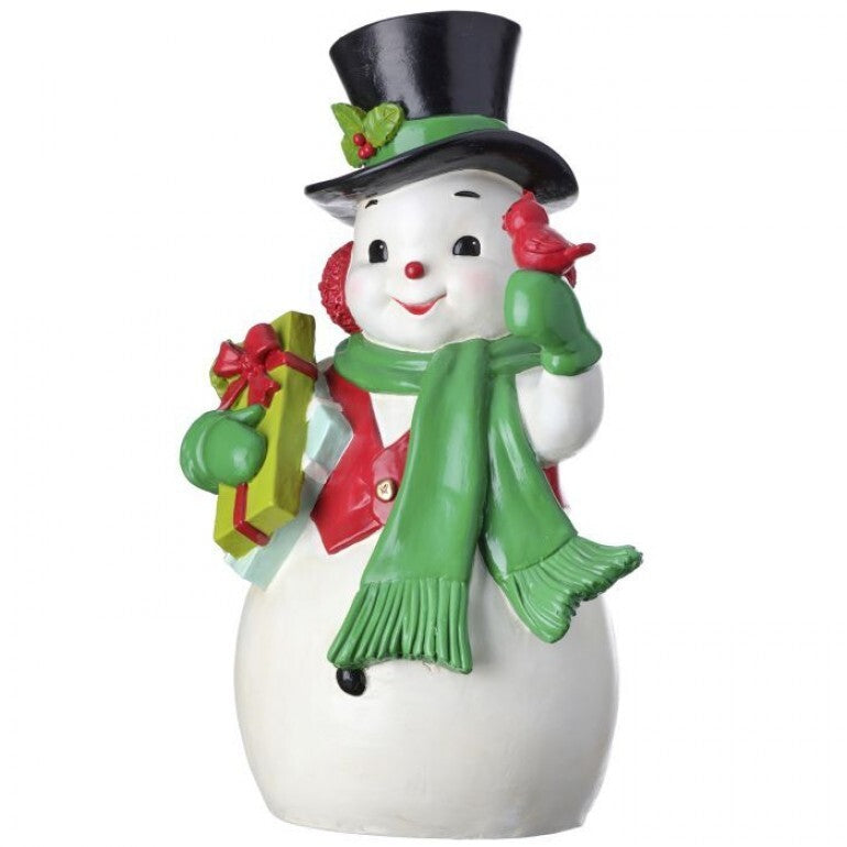 Retro Snowman Figurine – 13.5″ Resin Holiday Accent with Gifts & Cardinal