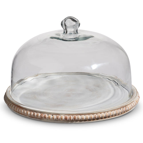Beaded Tray with Glass Cloche – 11.75" Food-Safe Whitewashed Wood & Glass Display Dome