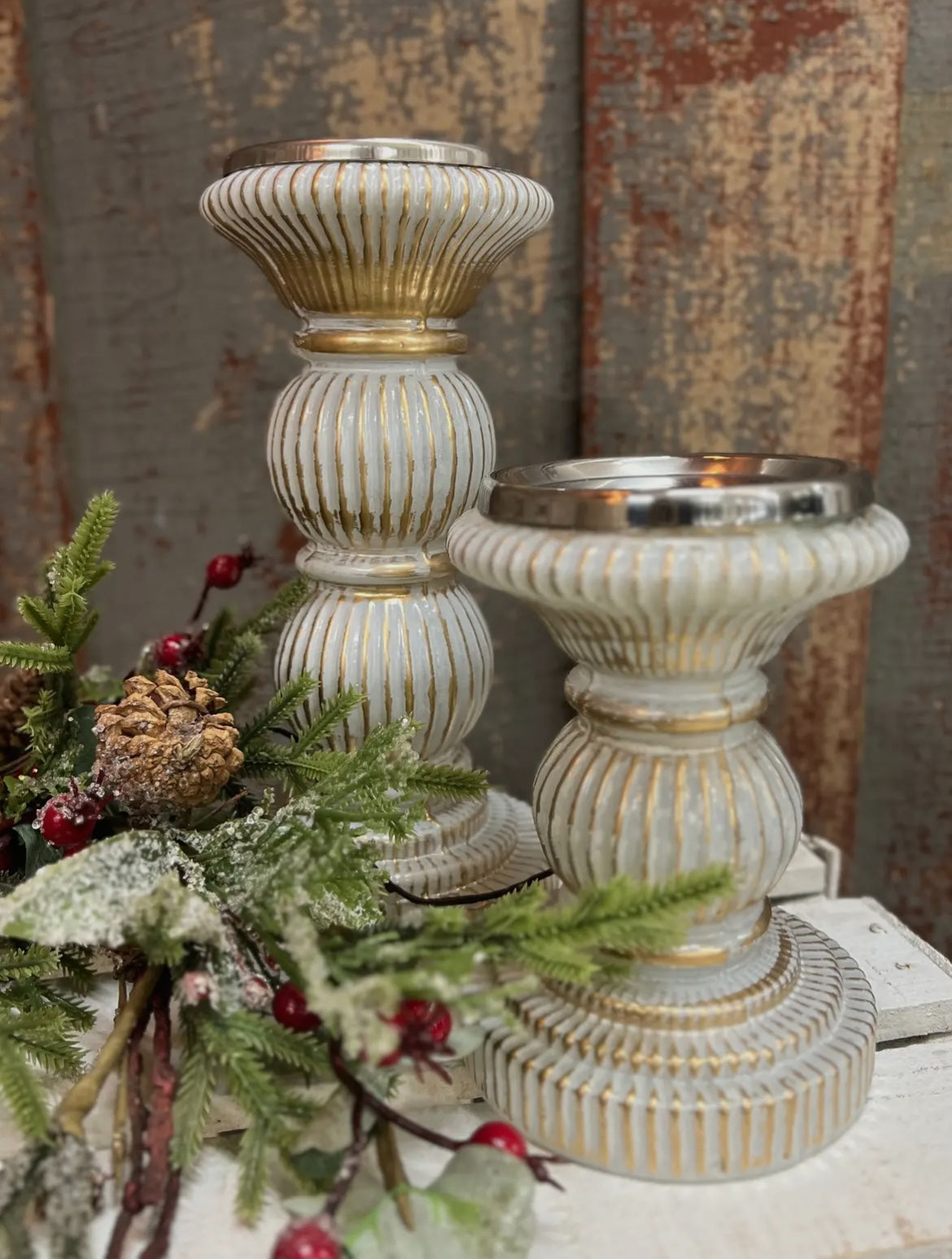 White & Gold Glass Pillar Candle Holder – 6″ Decorative Accent