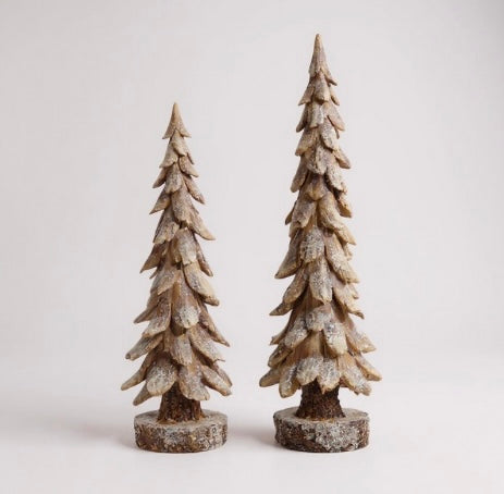 Set of two snowy resin trees—22″ and 18.5″ tall—holiday decor by RAZ Imports, SKU 3811191.