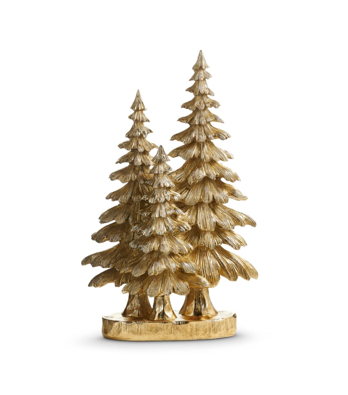 decorative gold spruce tree sculpture features three stylized evergreen trees with deeply carved branches and a lustrous metallic gold finish. The dimensional layered boughs create striking texture and movement, while the coordinating base unites the trees into an elegant woodland-inspired holiday accent. The tallest tree measures 16 inches high.