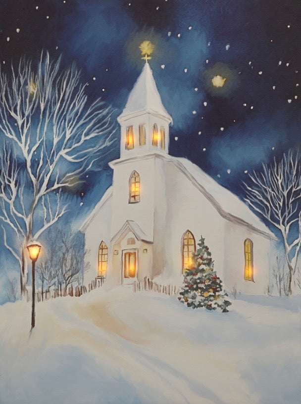 A winter church canvas wall art features a white country church illuminated by warm glowing lights beneath a star-filled night sky. Snow-covered trees frame the church while a decorated Christmas tree and lamppost add festive charm. Built-in LED lights illuminate the church windows and steeple for a cozy holiday display.