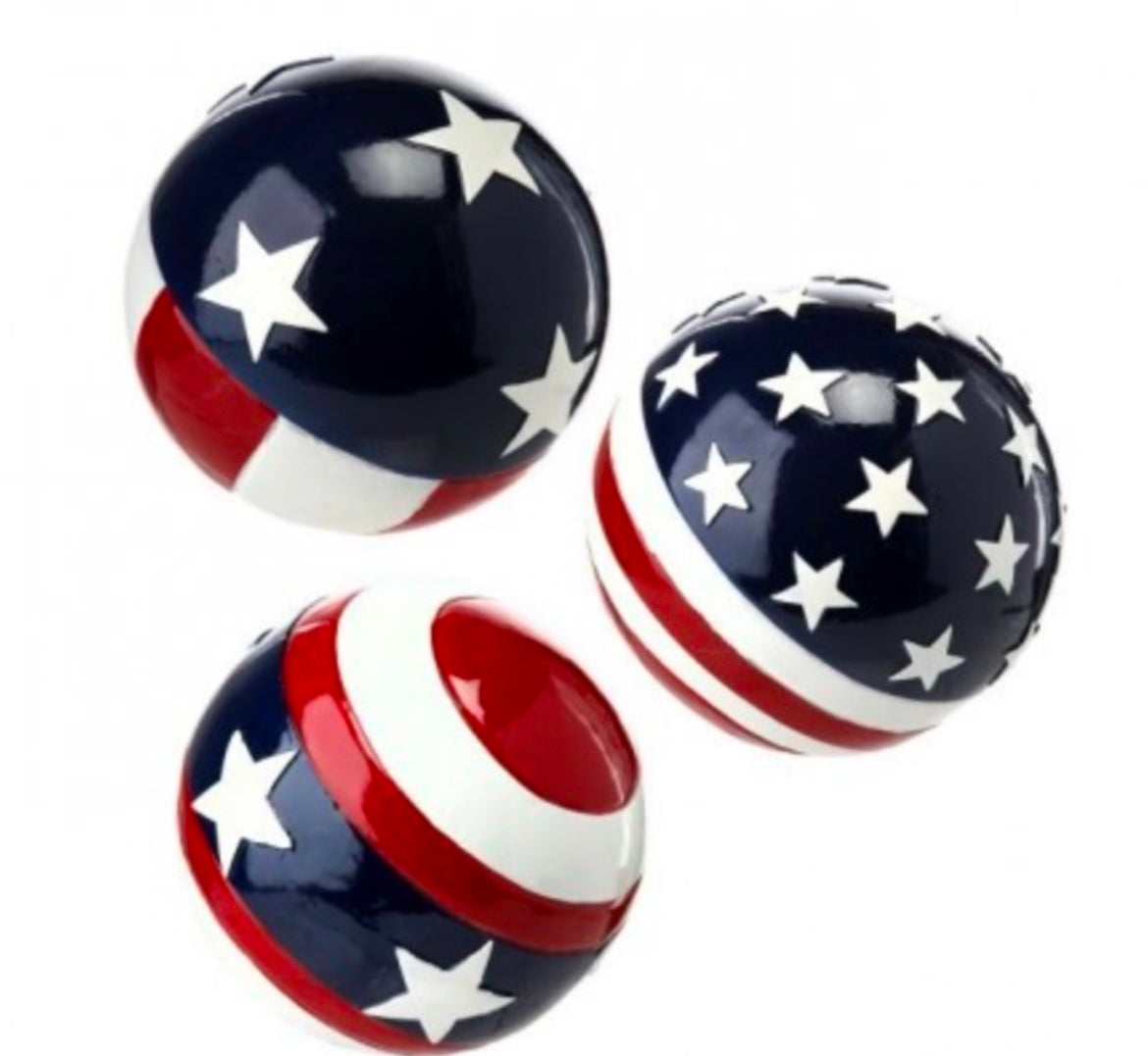 Decorative Patriotic Orb Set – Polystone Flag Balls Set of 3 Red, White & Blue Accents