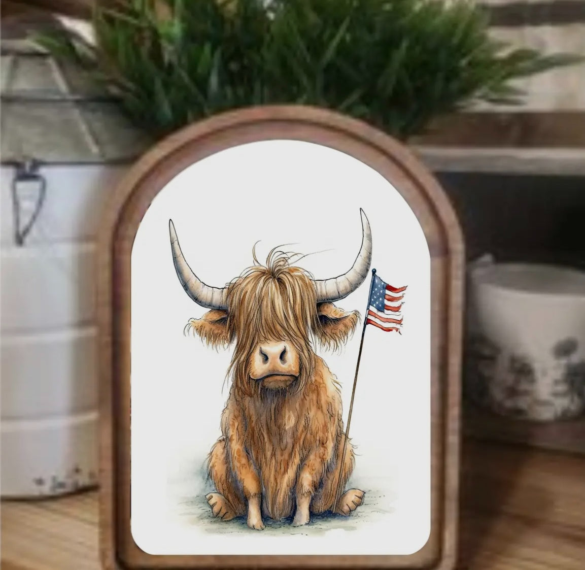 Loyal & Proud: Highland Cow & Rustic Patriotism Arch Top Framed Art