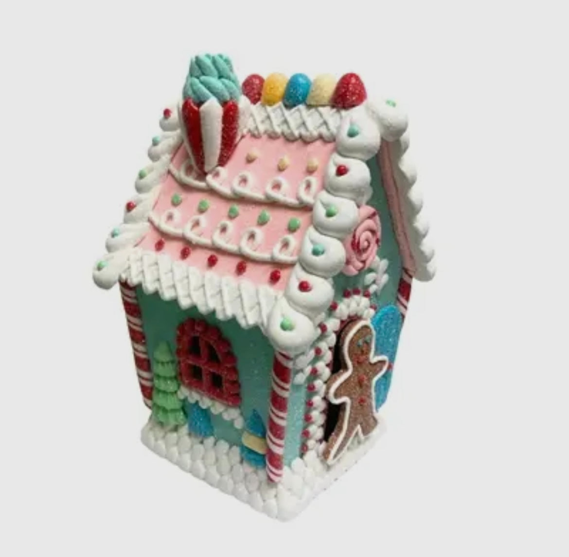 Pastel Candy Gingerbread House – Mint Green with LED Light 10″ x 6″ Holiday Decor