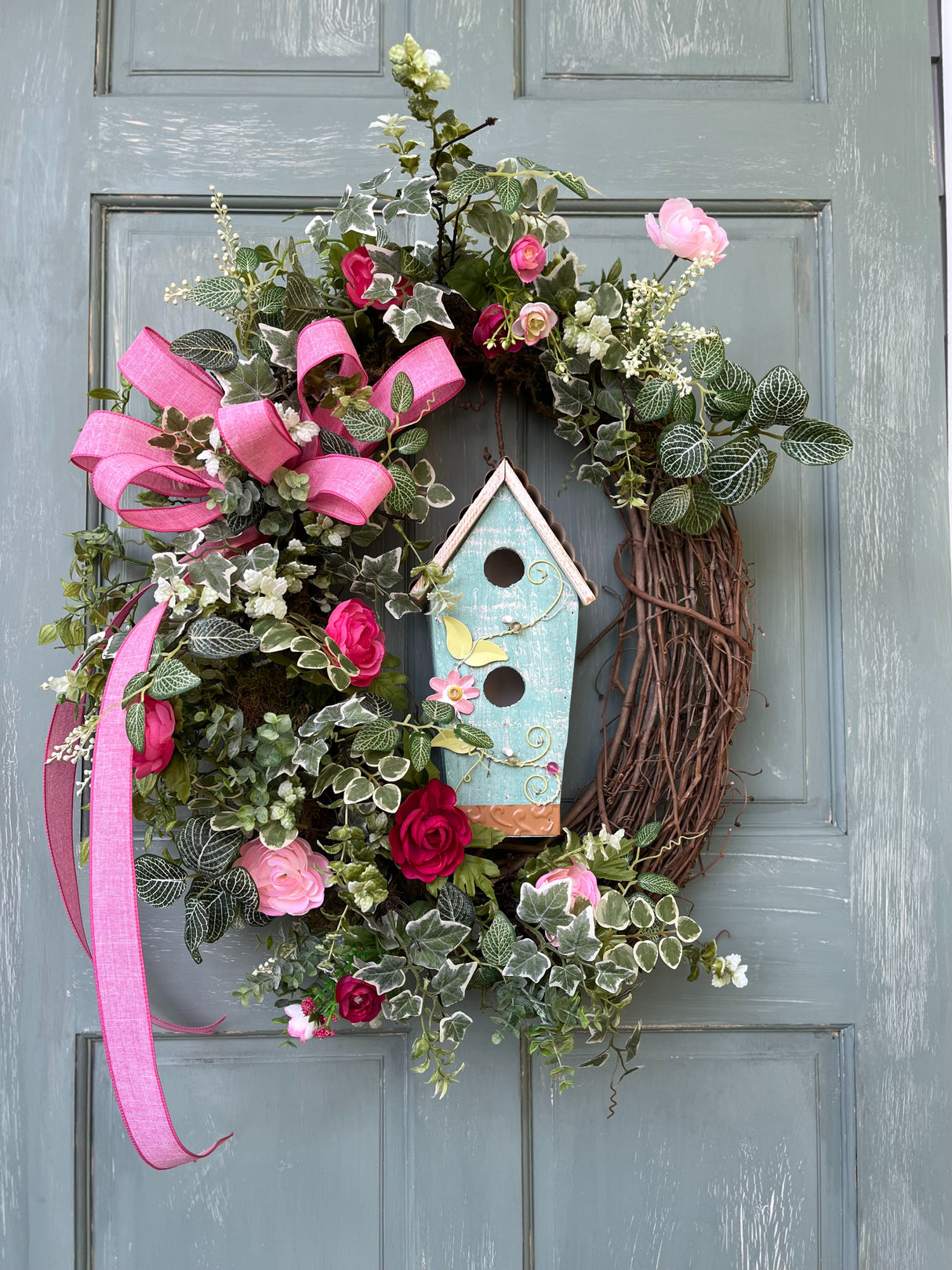Extra Large Teal Birdhouse Grapevine Wreath