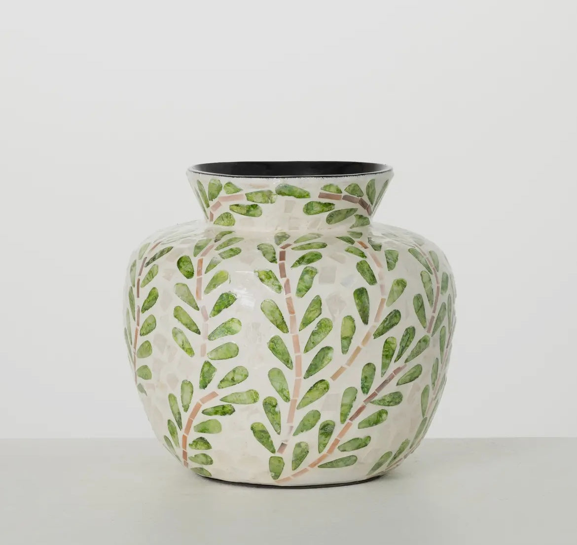 Leaf Pattern Capiz & Bamboo Vase – Artisanal Jar with Soft Green Botanical Motif