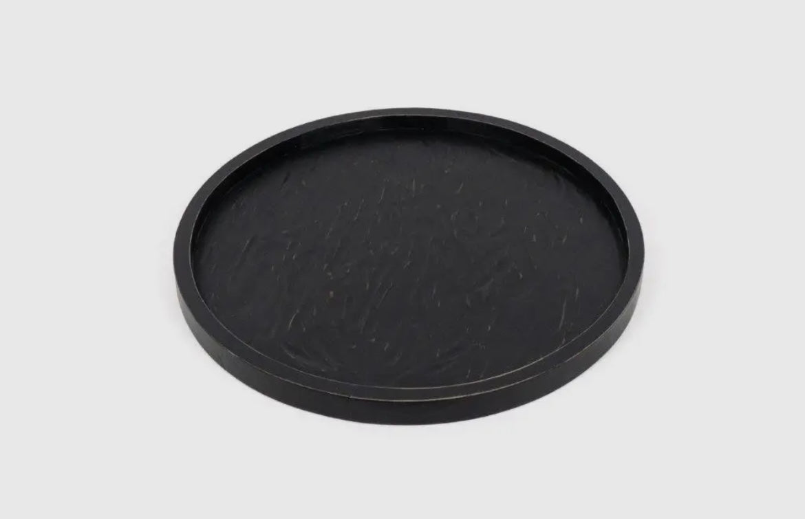 Round Wooden Tray - Distressed Black Finish with Carved Texture