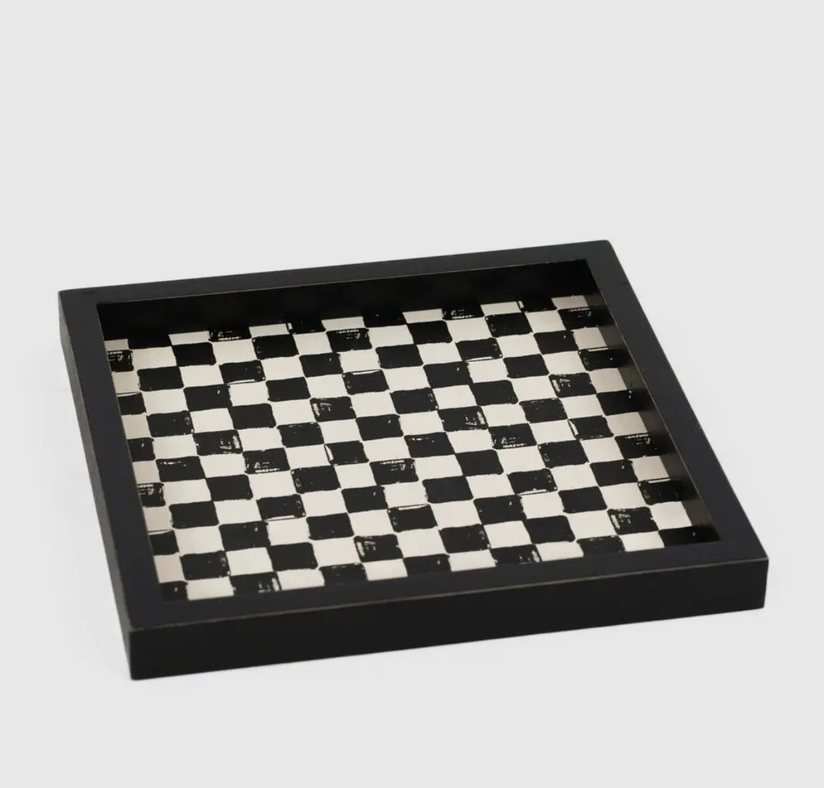 Square Wood Tray - Classic Black & White Checkered Design