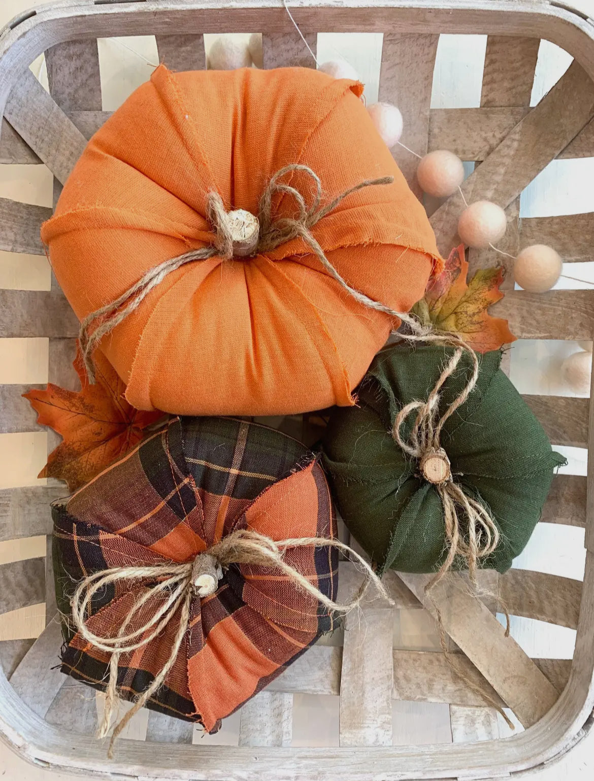 3-Piece Rustic Plaid Fabric Pumpkin Set – Cozy Autumn Textures
