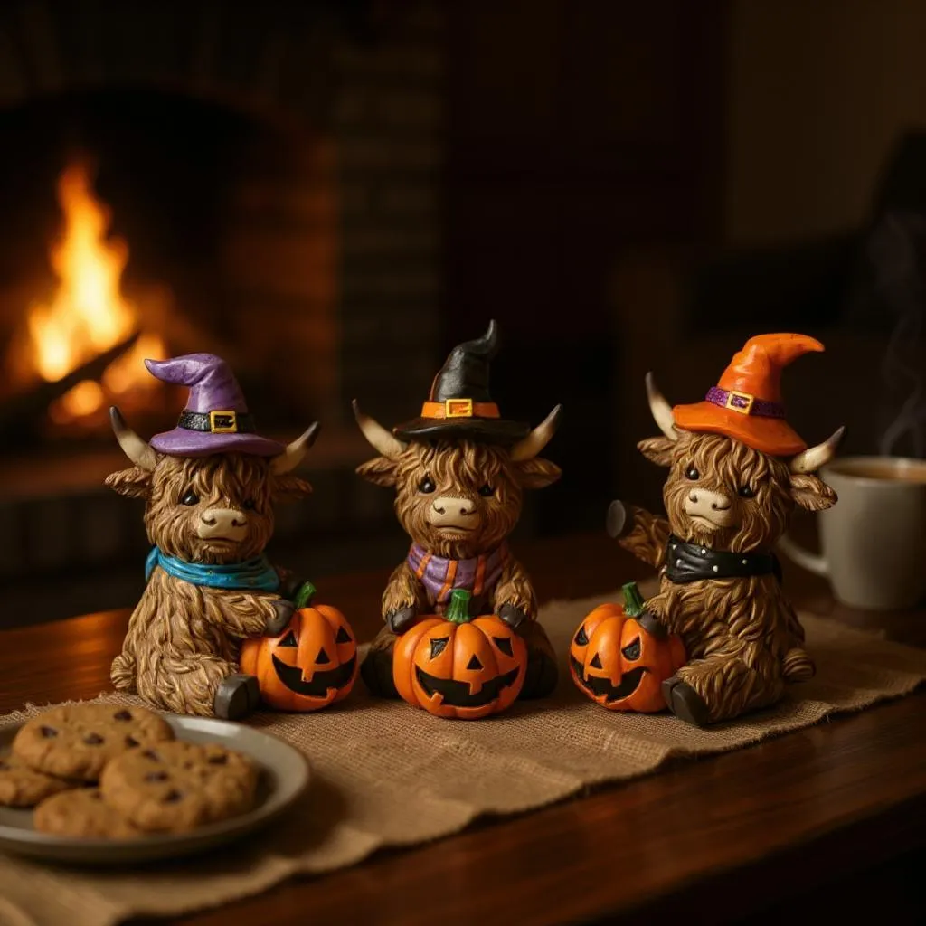 Witchy Highland Cow Figurines – Halloween Farmhouse Accents