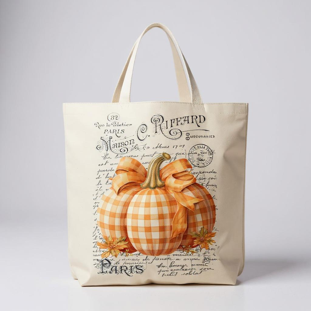 Fall French Checkered Pumpkins Canvas Tote Bag