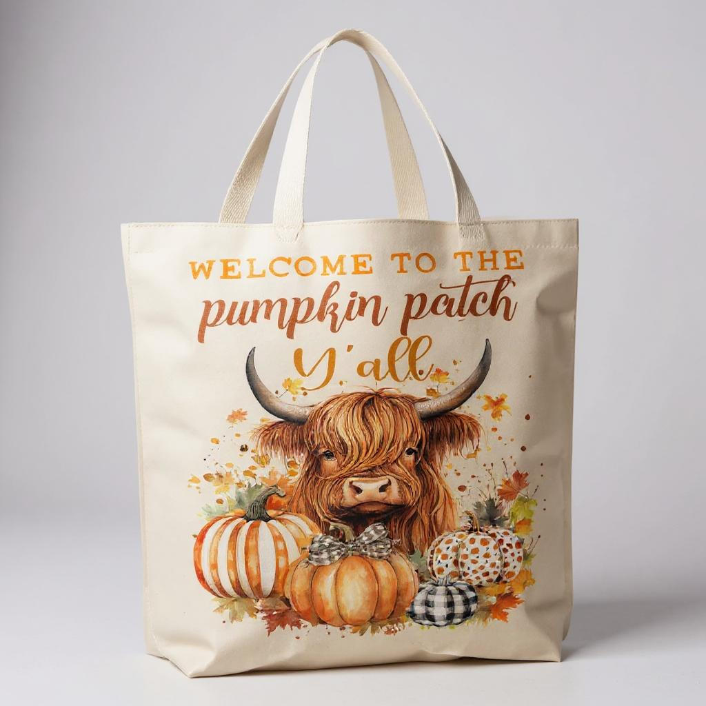 Fall Highland Cow Y'All Pumpkins Canvas Tote Bag