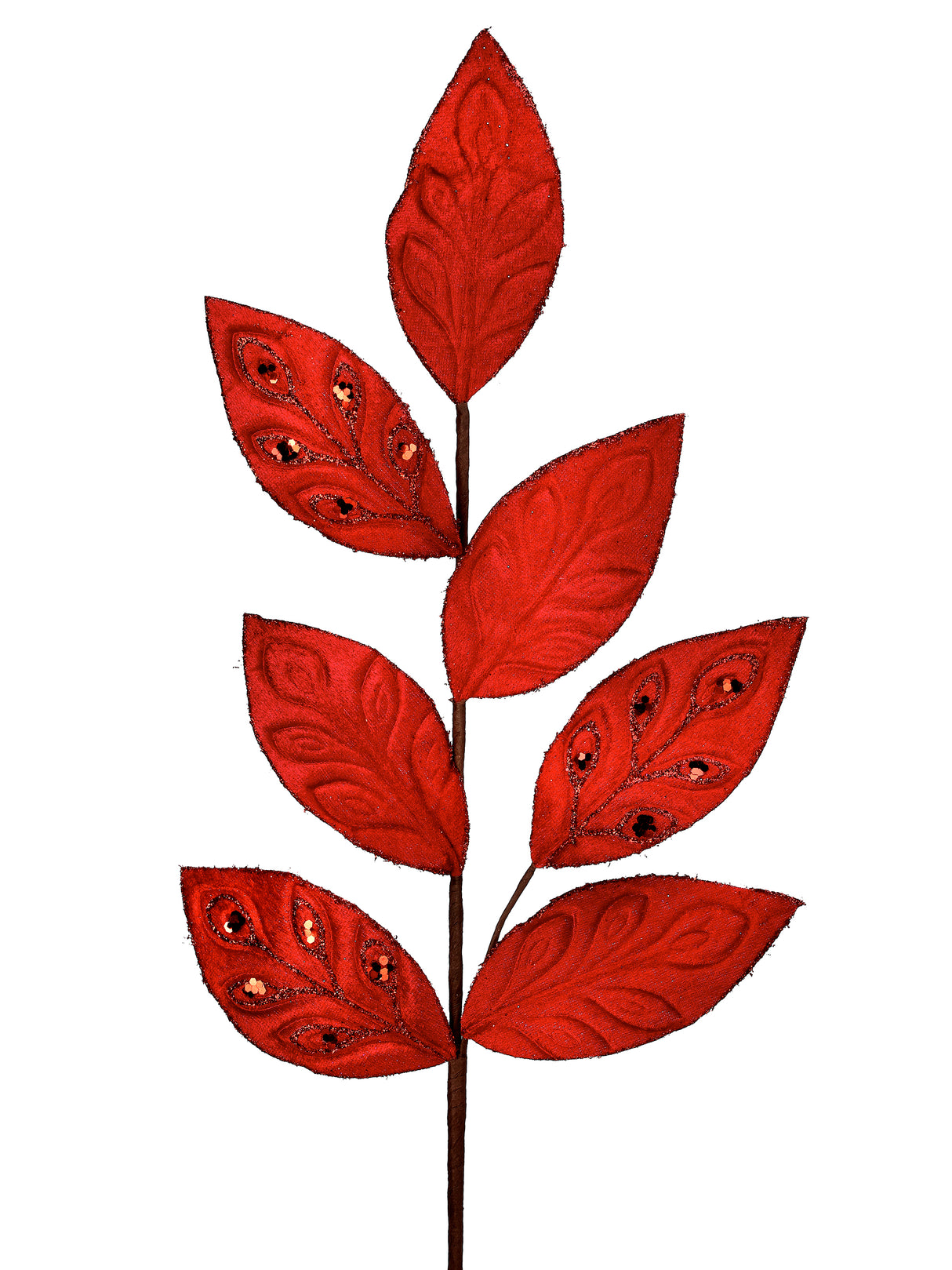 Velvet Jewel Leaf Spray – 26″ Red Holiday Stem