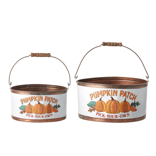 Two metal buckets with 'Pumpkin Patch Pick-Your-Own' design on a white background