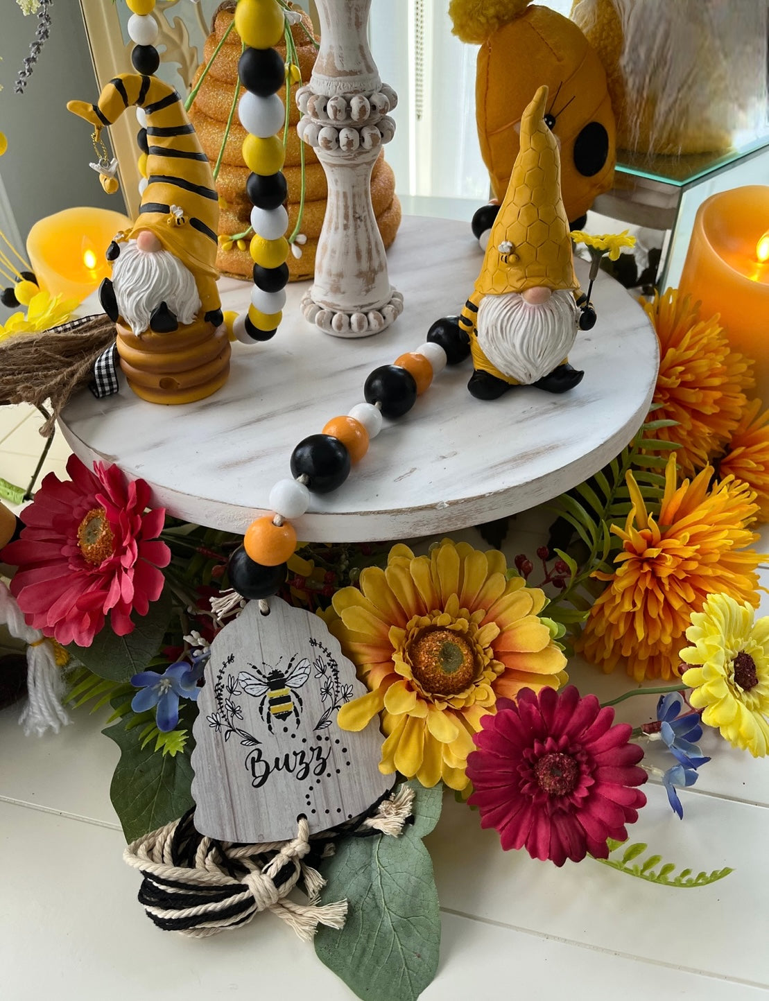 Buzz & Bloom Beaded Garland – 36" Black, White & Golden Yellow Hive Ornament + Tassel Finish