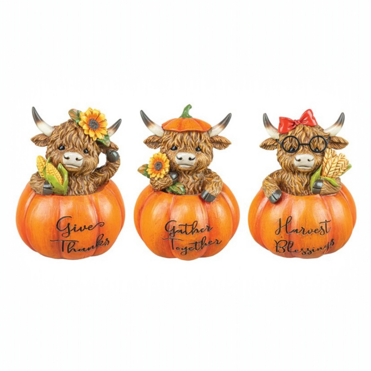 Three decorative figurines of Highland cows on pumpkins with autumn-themed text.