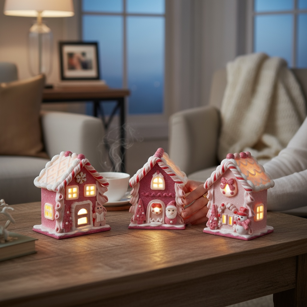 Three assorted clay dough Christmas houses with light-up windows: Gingerbread, Santa, and Snowman styles featuring candy details and sculpted characters