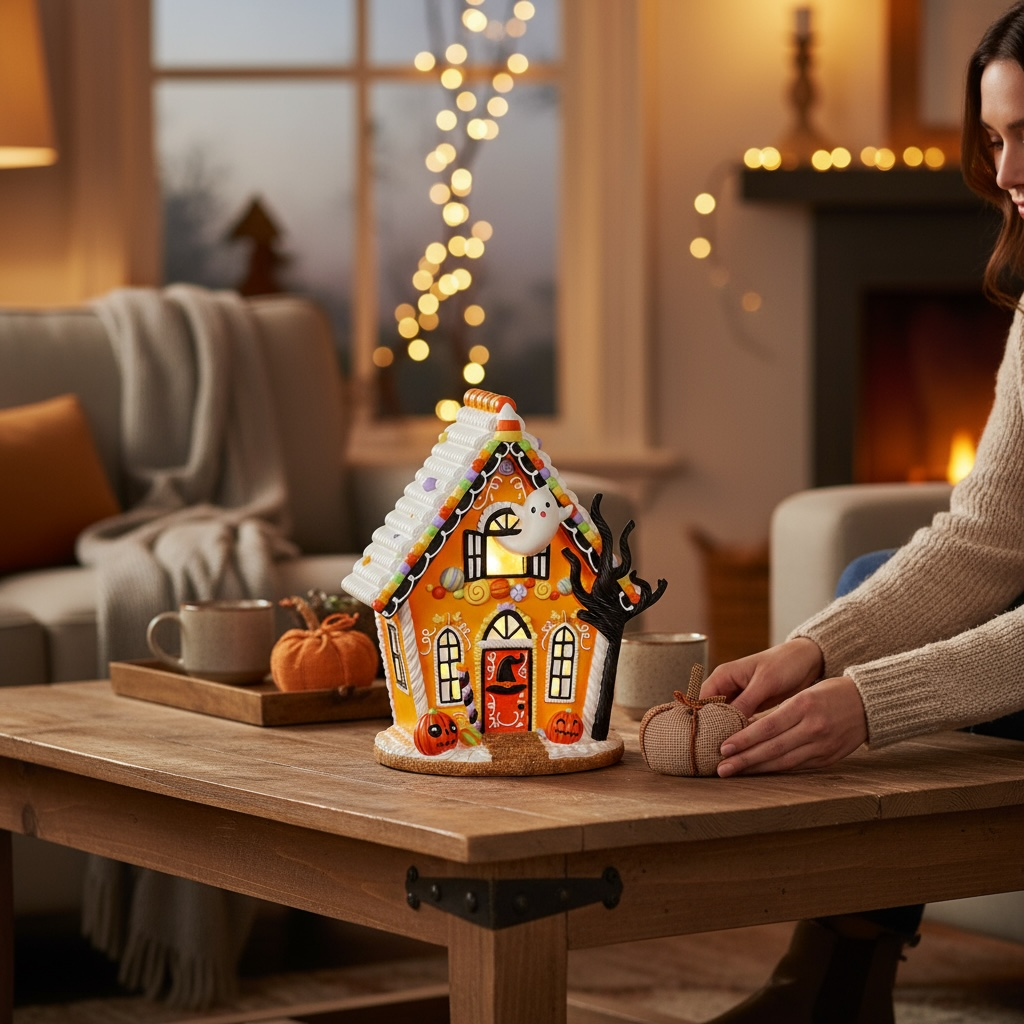 12" Halloween Gingerbread House – Light-Up Spooky Candy Cottage with Ghost, Pumpkins & Timer