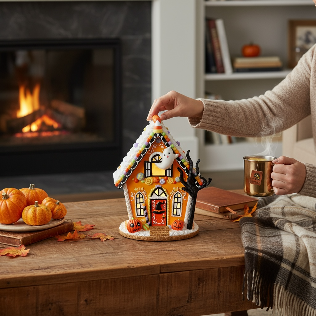 12" Halloween Gingerbread House – Light-Up Spooky Candy Cottage with Ghost, Pumpkins & Timer