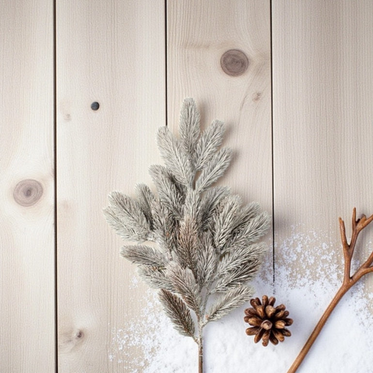 24" Smoky Mountain Ice Pine Spray – Silvery Grey Flocked Greenery Stem