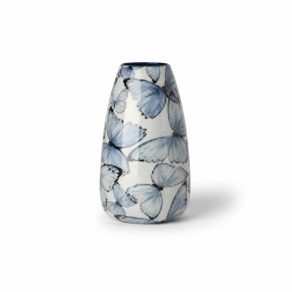 Blue & White Metal Butterfly Tall Vase – 12"