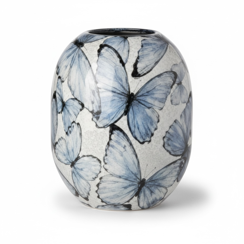 Blue & White Metal Butterfly Medium Vase – 9.5"