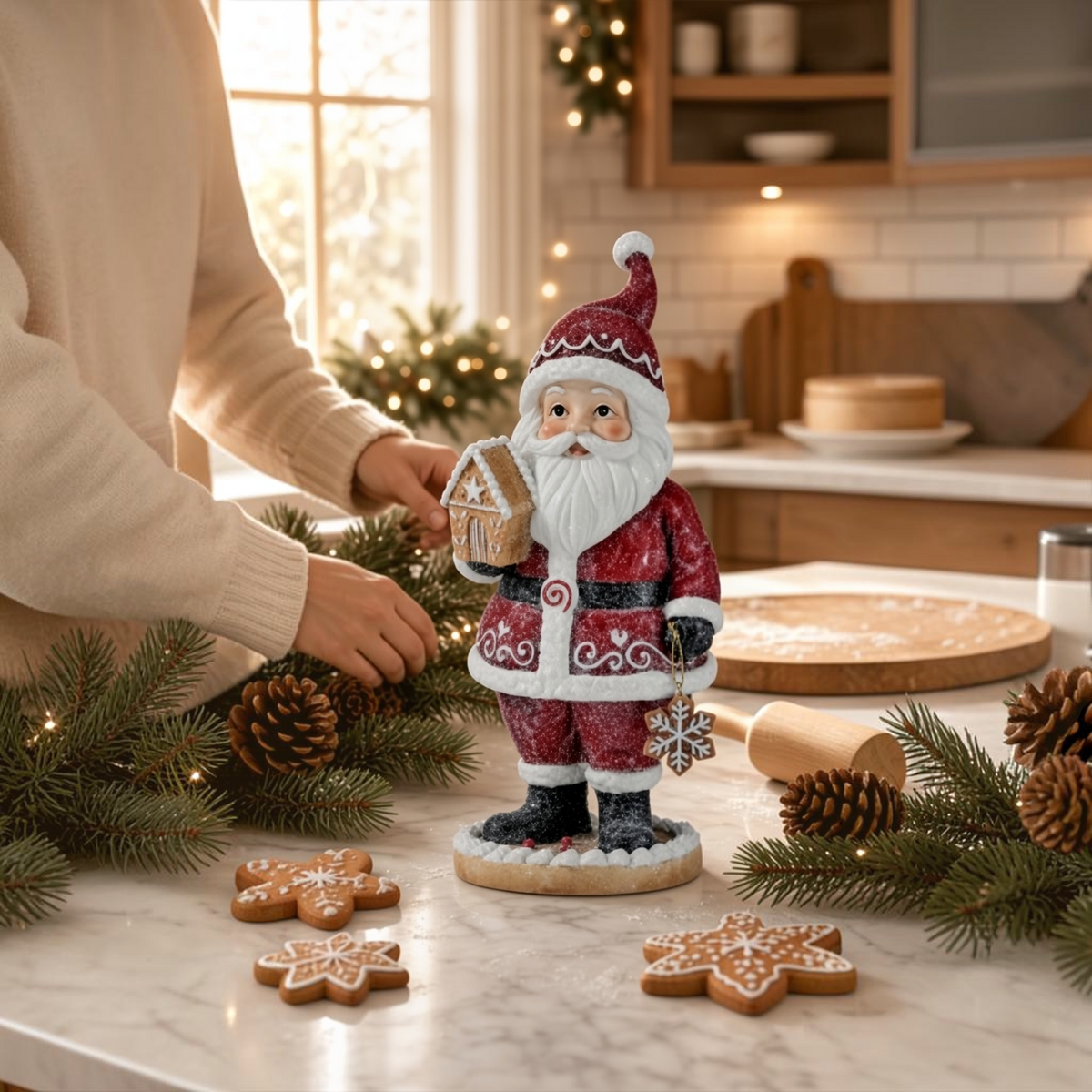 10" Gingerbread Santa with Gingerbread House Figurine