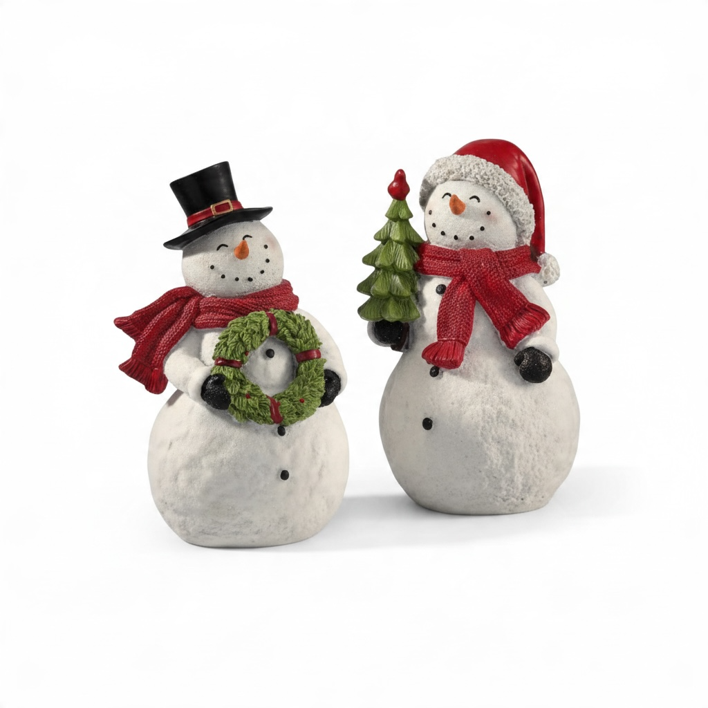 Two flocked snowman figurines feature a soft snow-covered texture and festive red scarves. One snowman wears a black top hat and holds a green holiday wreath, while the other wears a red Santa hat and holds a green Christmas tree. Both figurines are crafted from resin with a realistic flocked finish that resembles freshly fallen snow.