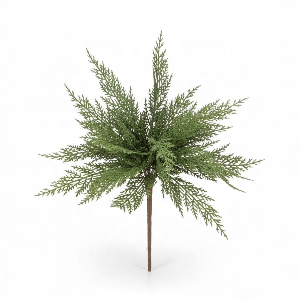A 17-inch Real Touch cedar pick features soft, lifelike cedar foliage in fresh green tones. The layered branches spread outward from a wrapped stem, creating a natural appearance that adds texture and fullness to holiday arrangements, centerpieces, wreaths, and seasonal displays