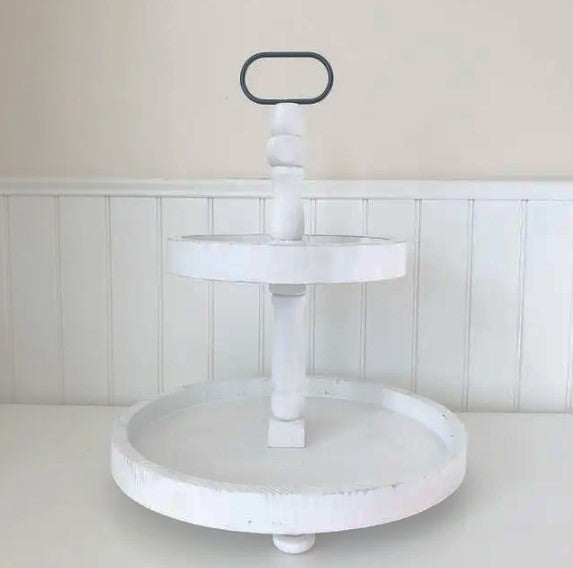 Round Tiered Tray – Distressed White Finish, 15" Base