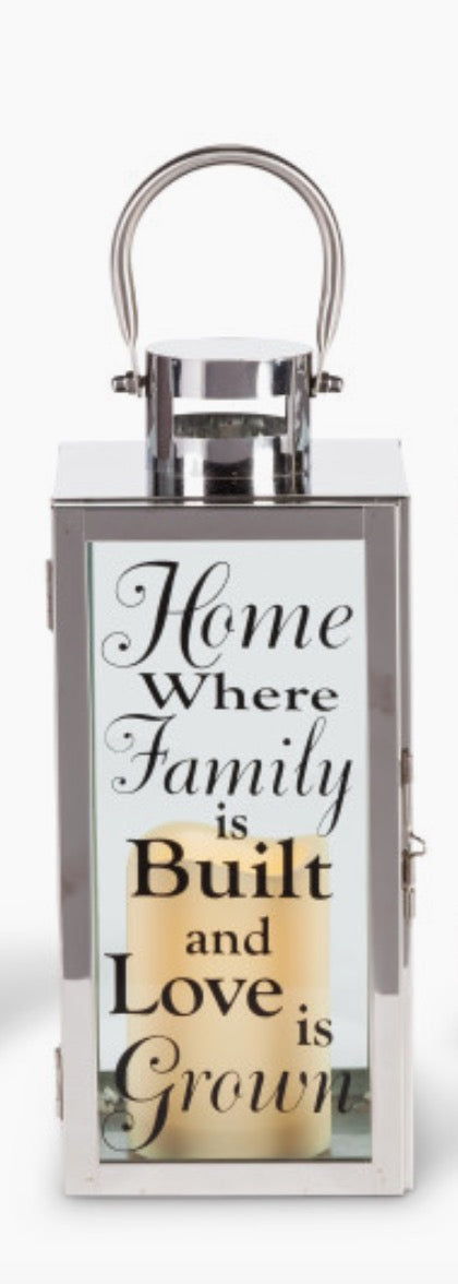 Built & Love Lantern – “Home Where Family is Built and Love is Grown” Polished Metal LED Lantern