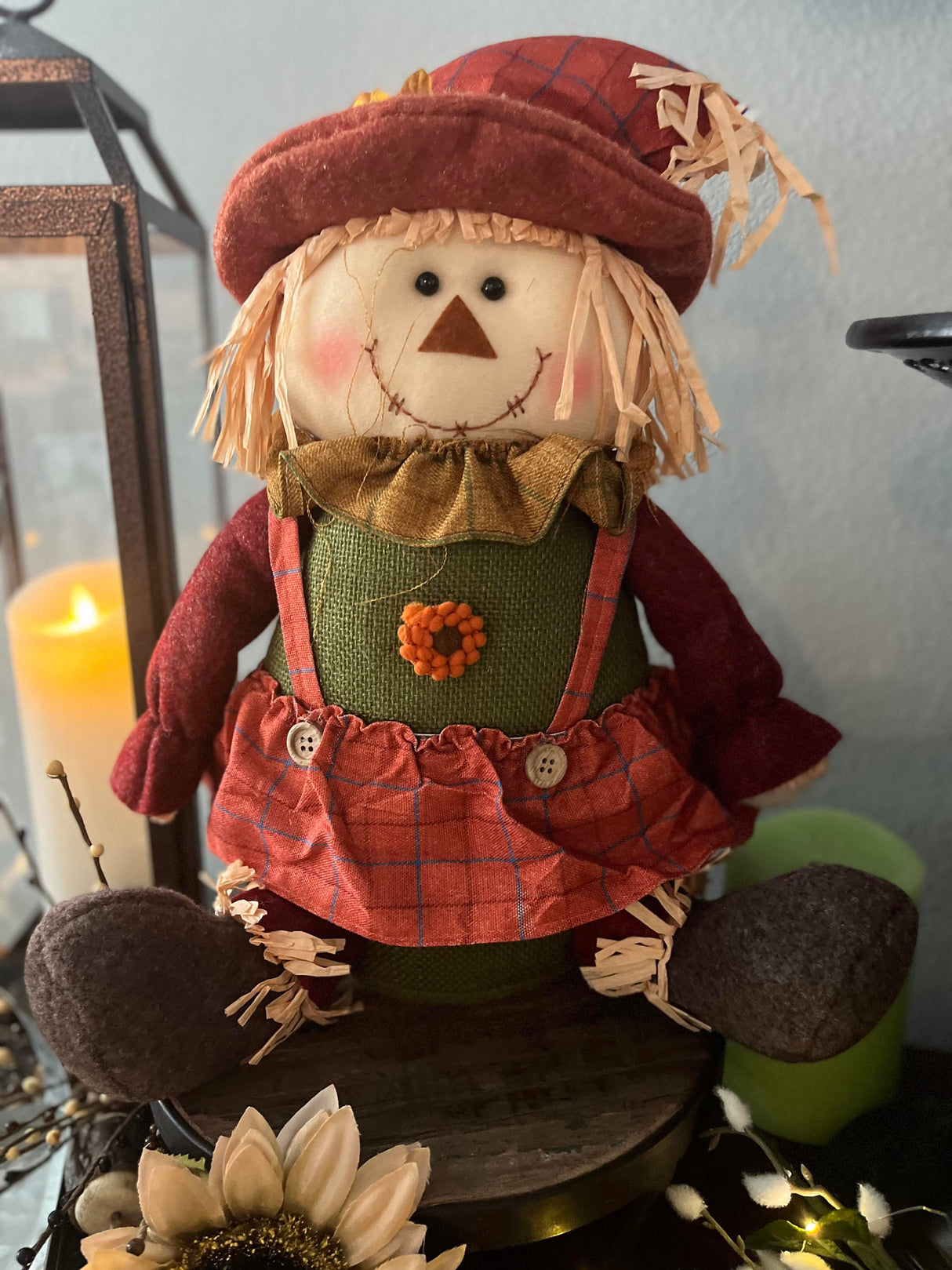 16" Sitting Scarecrow Girl – Whimsical Fall Companion