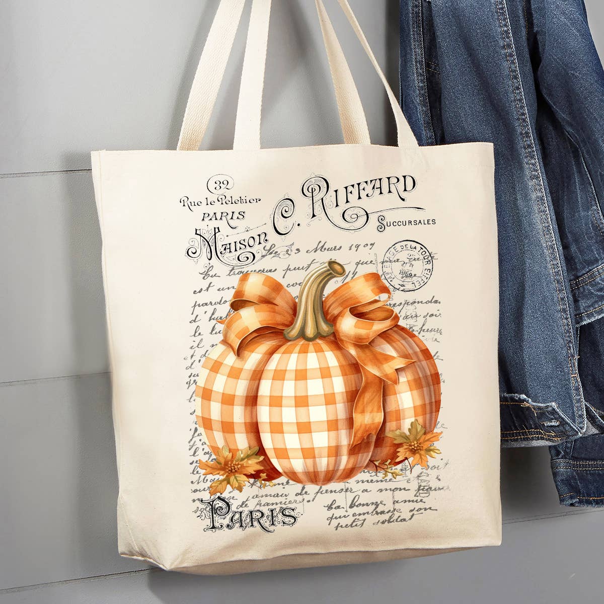 Fall French Checkered Pumpkins Canvas Tote Bag