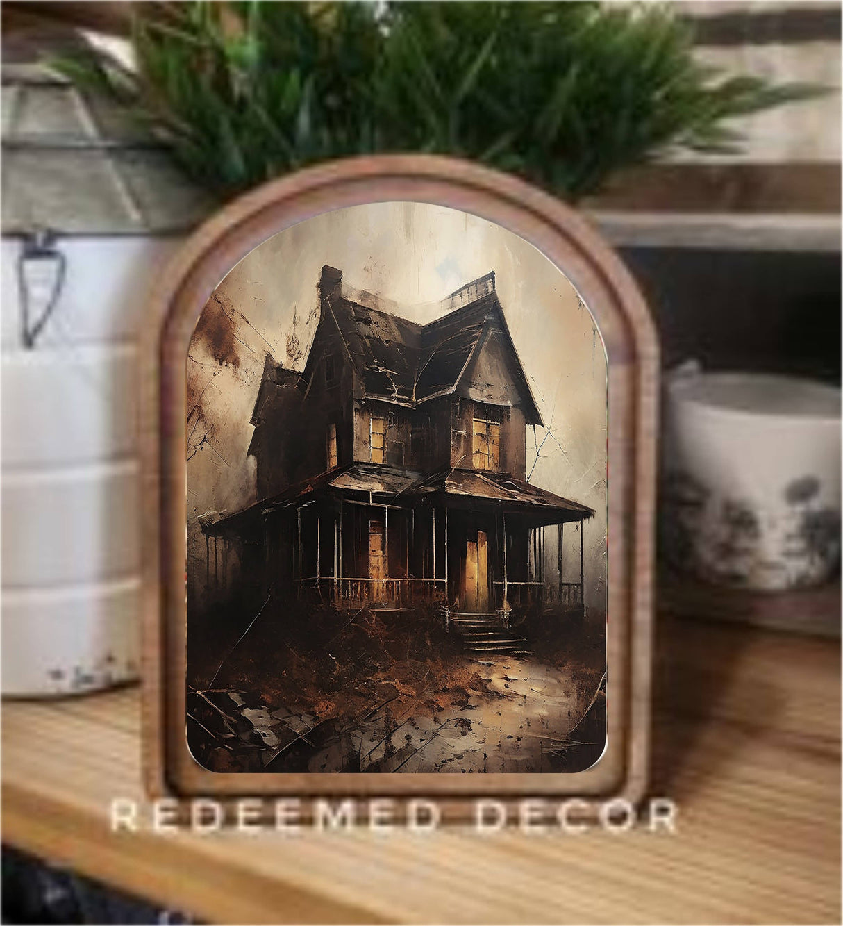 The House on Hollow Ridge – 6” x 8” Arched Halloween Framed Art
