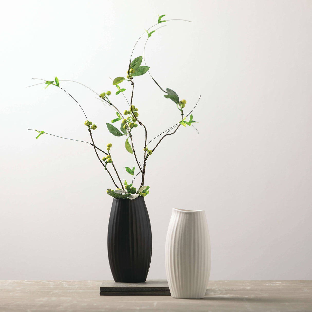 Textured White Ribbed Vase – Matte Ceramic Accent with Sculptural Detail