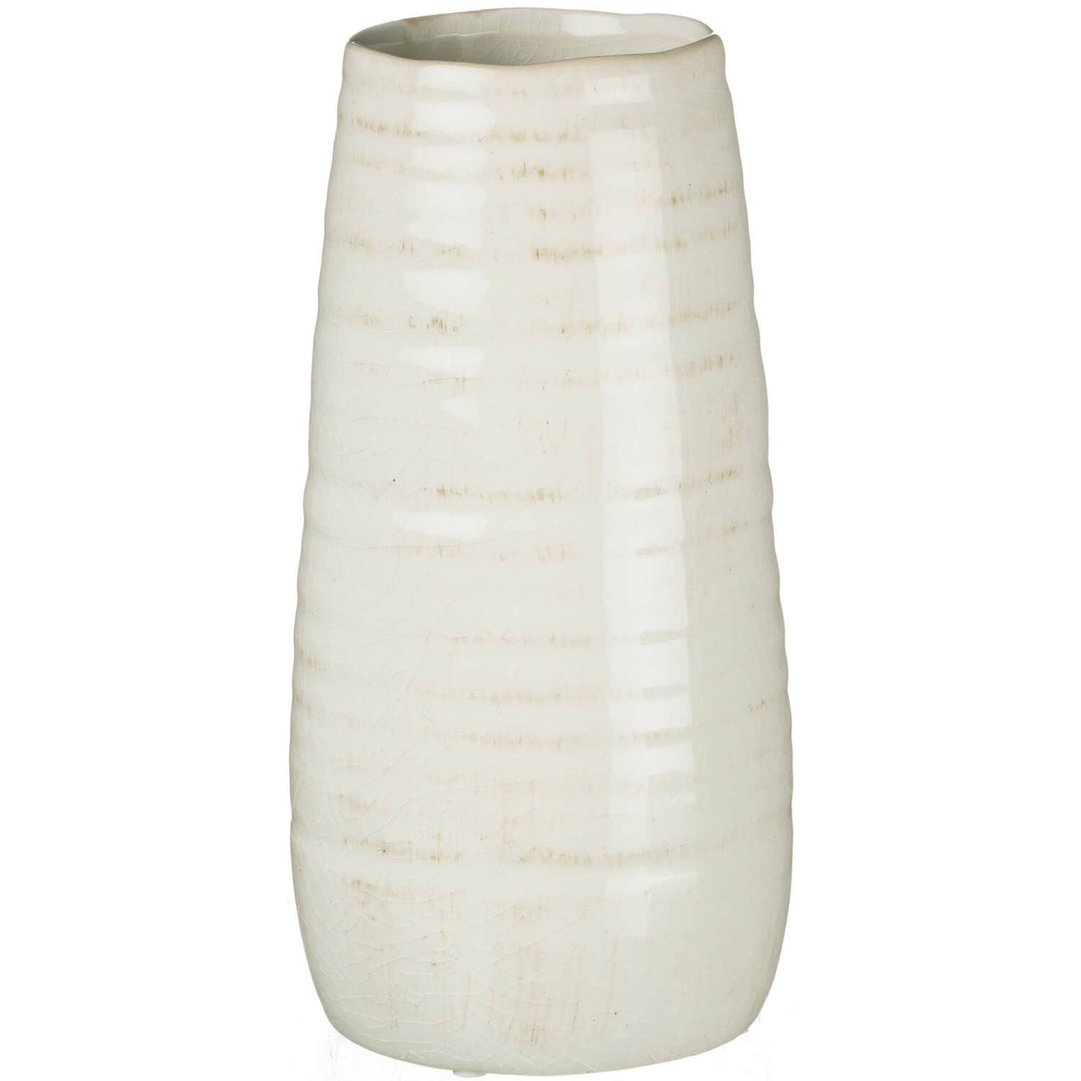 Ivory Glossed Vase – Crackled Ivory Ceramic with Subtle Ribbed Texture