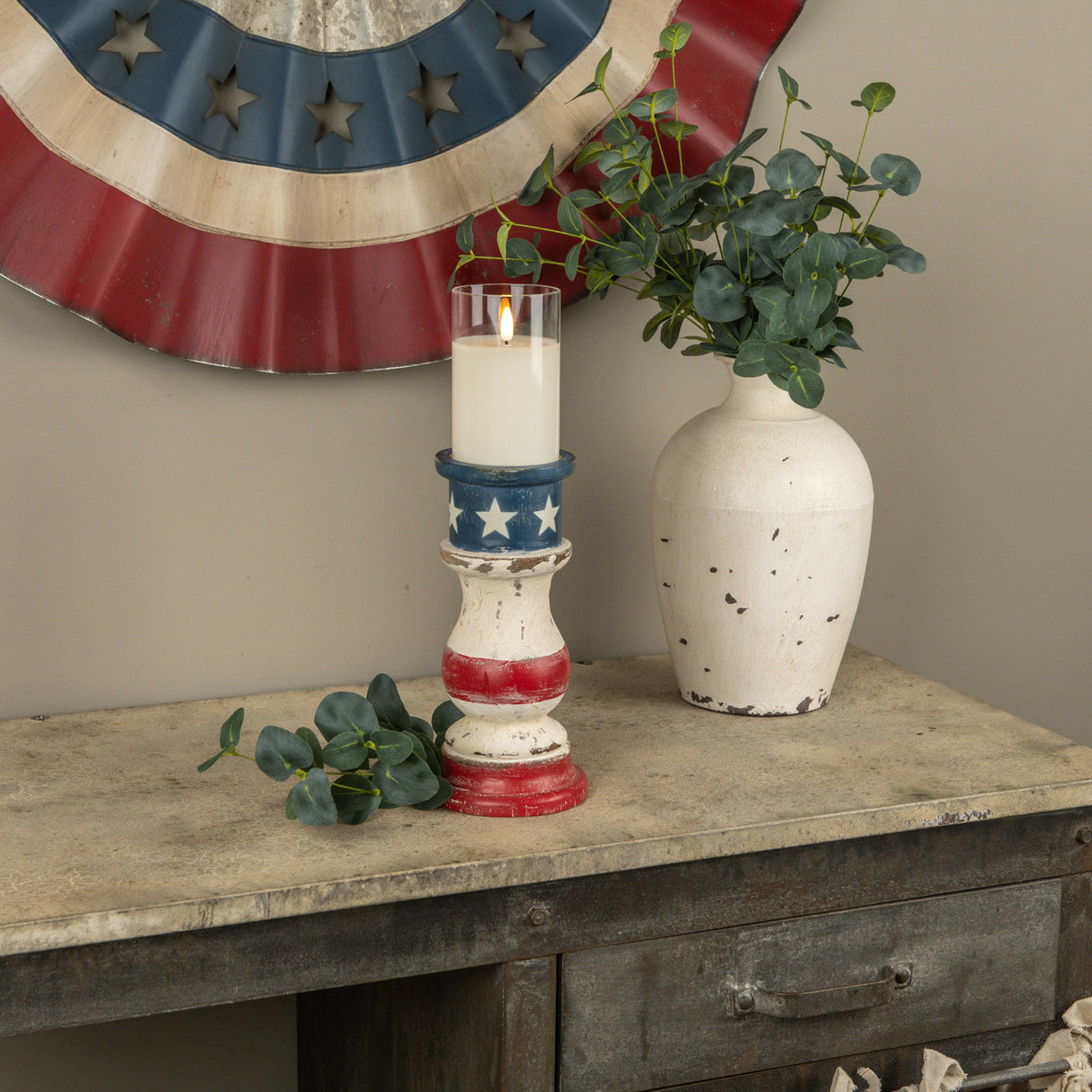 Patriotic Striped Wooden Candle Holder – 9.75"