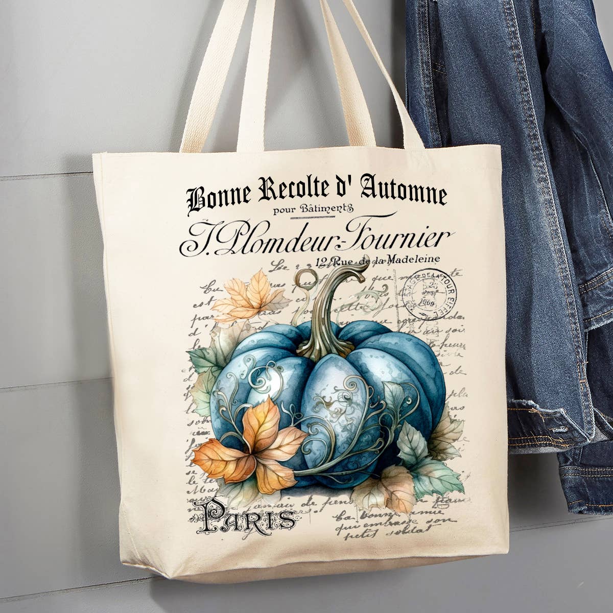 Fall/Autumn French Blue Pumpkin Canvas Tote Bag