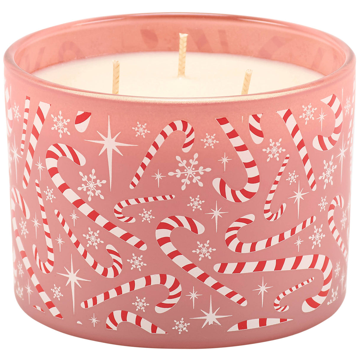A three-wick candle in a pink glass container decorated with red and white candy canes, snowflakes, and white stars, shown against a plain white background.
