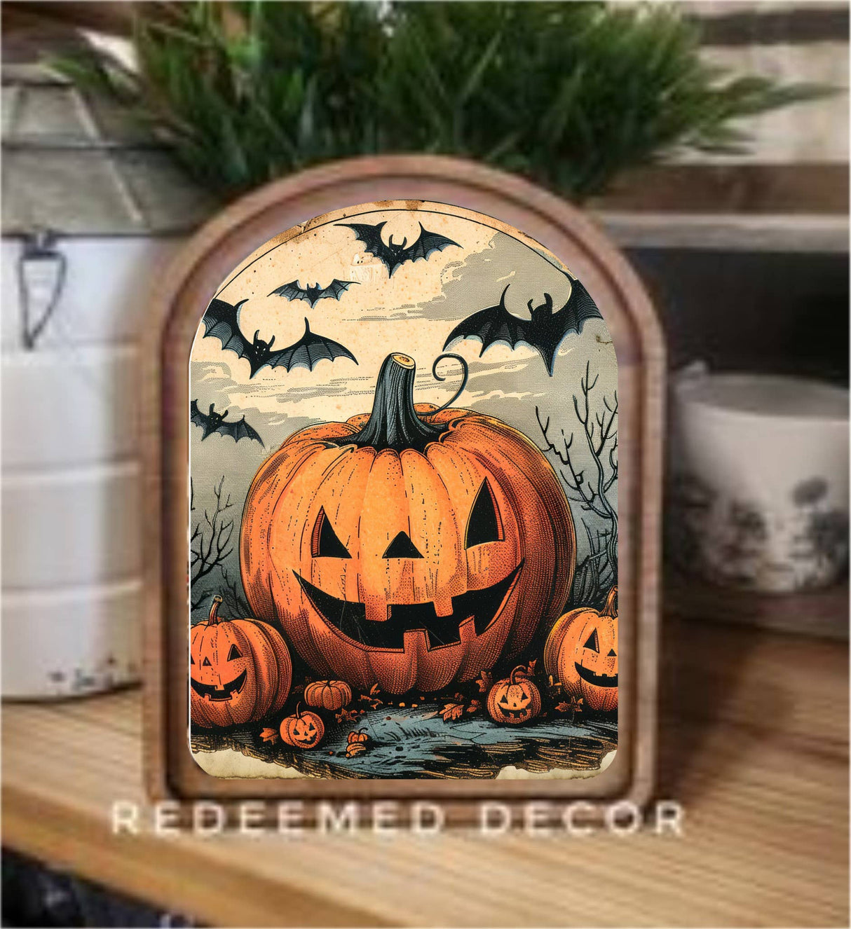 Jack‑O’‑Lantern Nightfall – 6” x 8” Arched Halloween Framed Art