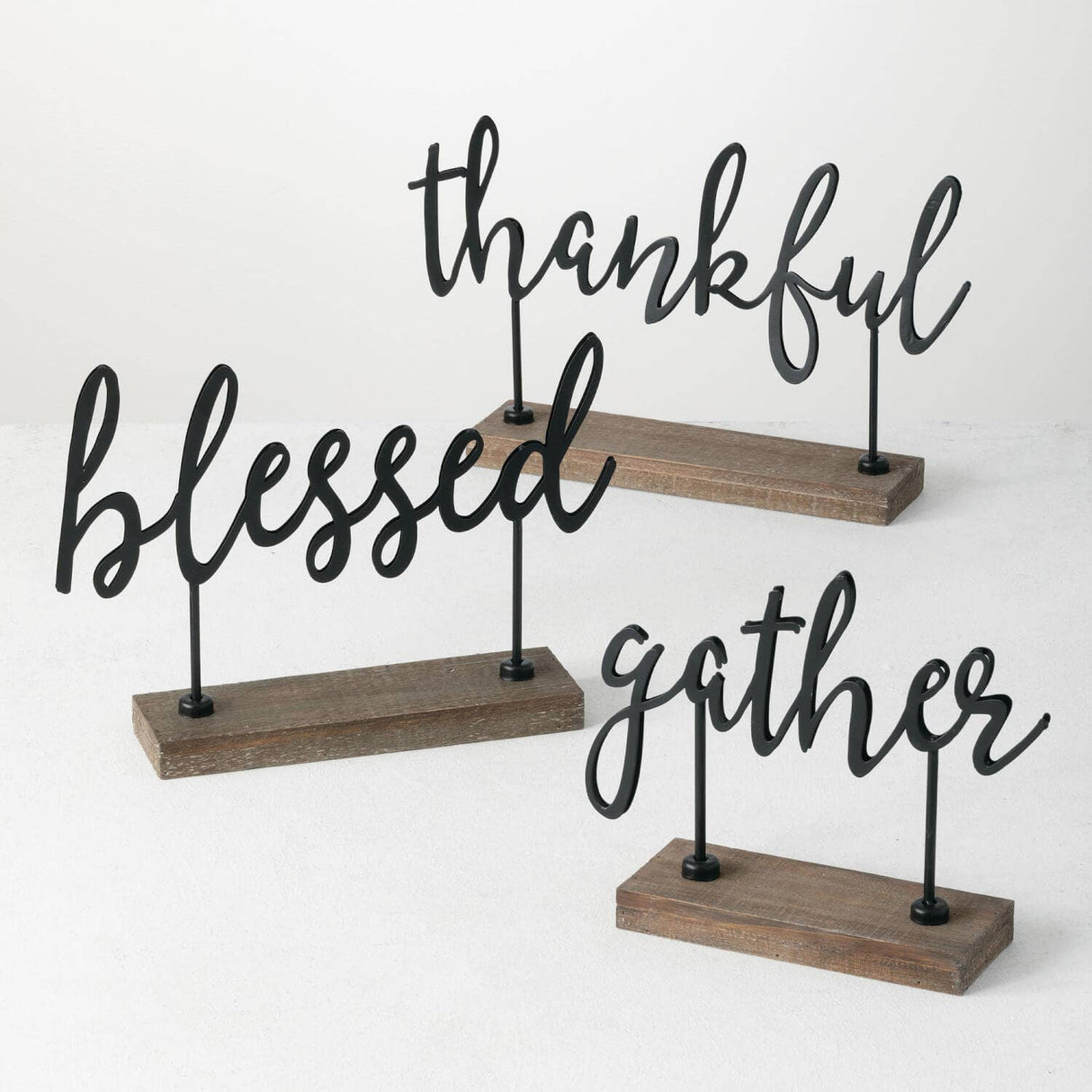 Sculpted Iron Word Signs on Fir Wood Base – “Blessed,” “Thankful,” or “Gather”