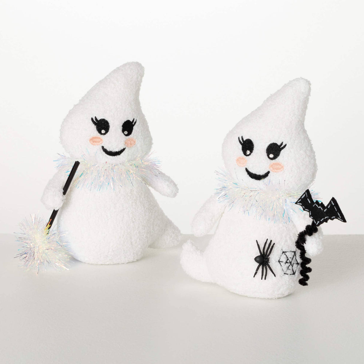Festive Plush Ghost Pair – Halloween Figurines with Iridescent Accents & Weighted Bottoms